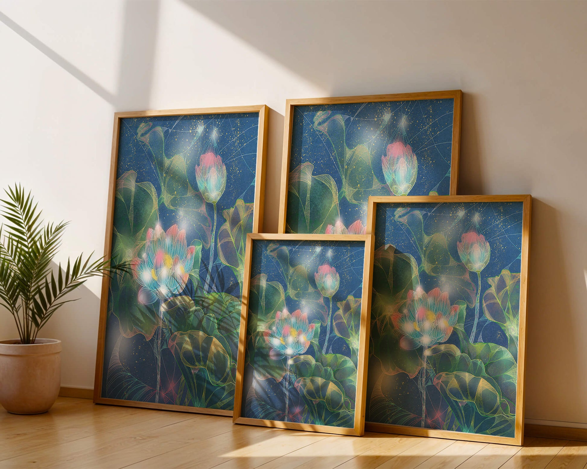 Bunte Lotusblumen mit abstraktem kosmischen Hintergrund