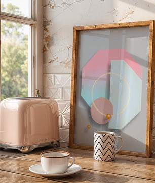 An abstract geometric art piece with pastel tones and golden accents