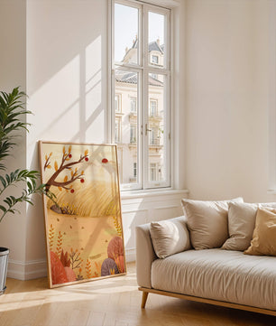 Autumn landscape illustration with apple tree and sunrise in a serene field