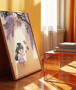 Charmante Illustration eines kleinen Mädchens mit Schmetterlingen und Glyzinienblüten