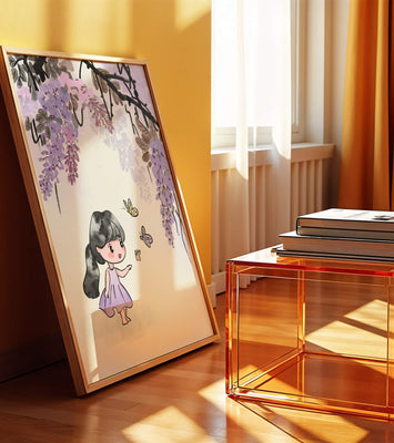 Charming illustration of a little girl with butterflies and wisteria flowers