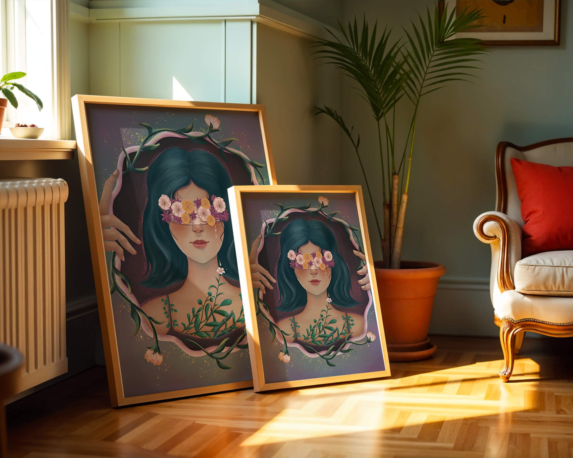Retrato encantador de una mujer con ojos florales y cabello oscuro