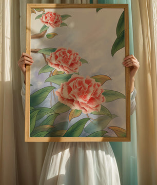 Illustrated pink carnations with green leaves in serene botanical art