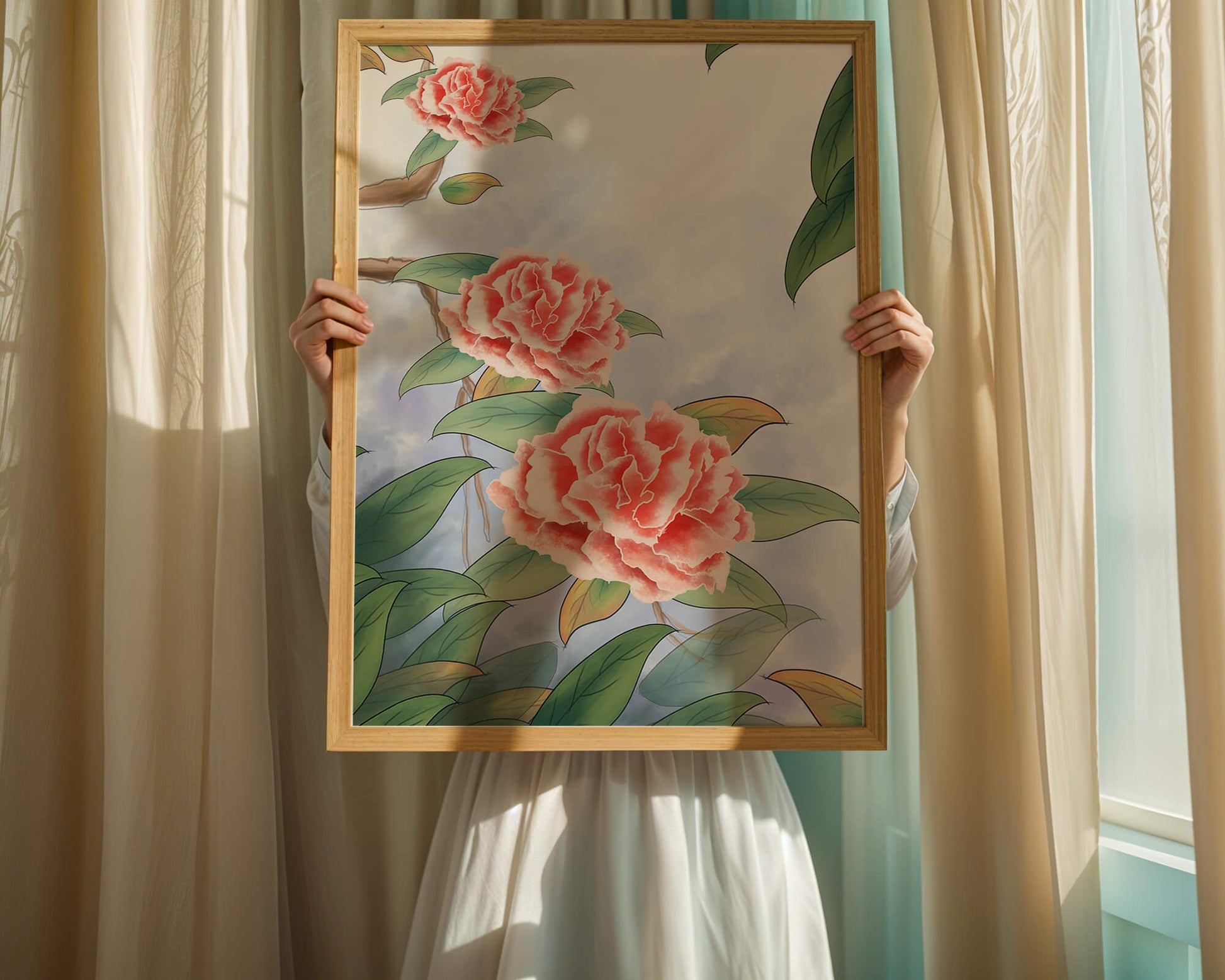 Illustrated pink carnations with green leaves in serene botanical art