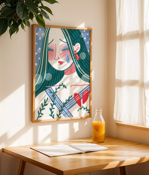 Ilustración de una mujer triste con el corazón roto