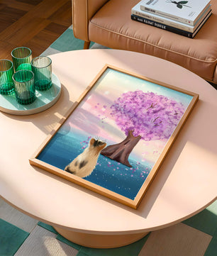 Serene scene with cat and blossoming cherry tree at sunrise