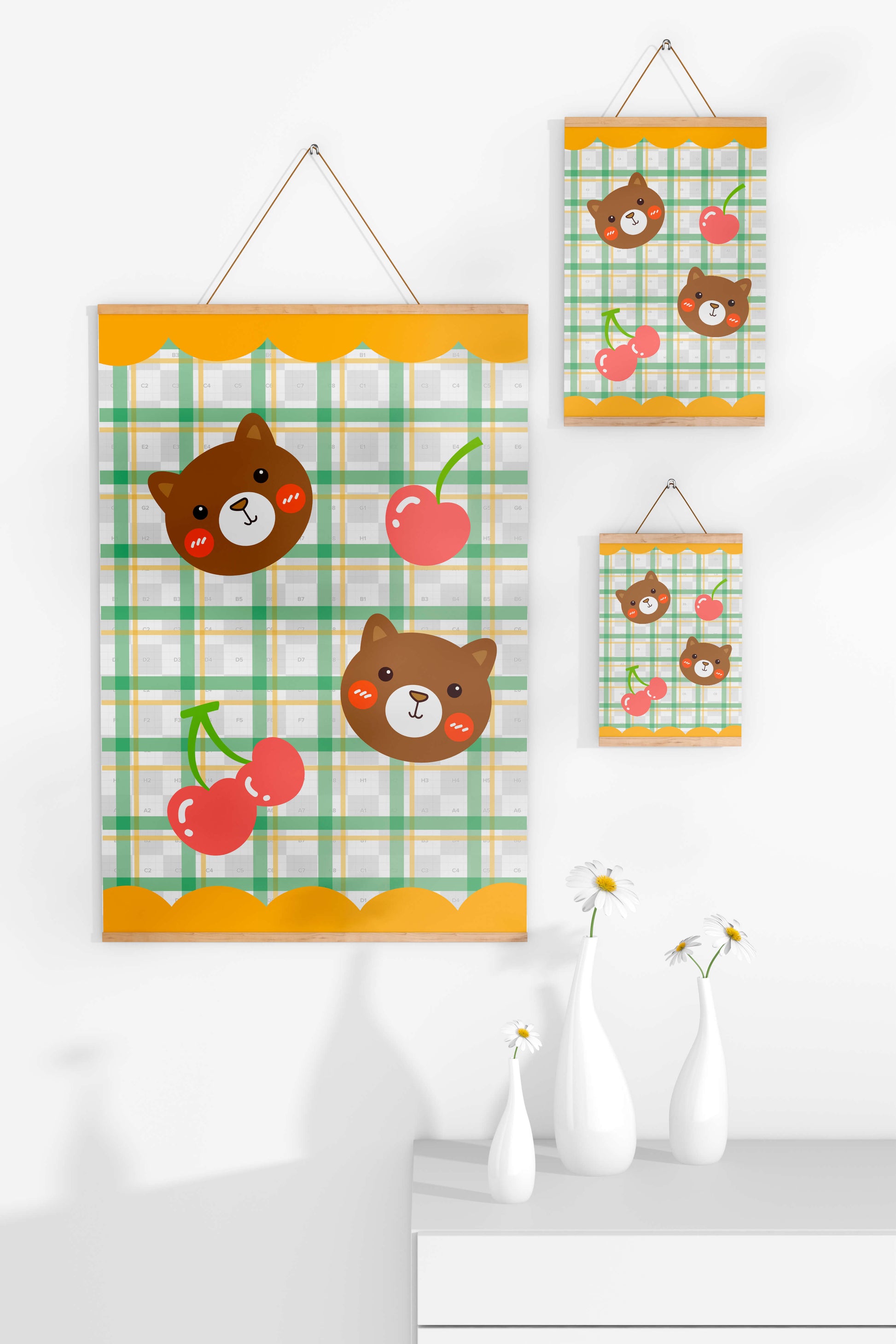Playful bear and cherry pattern with plaid background