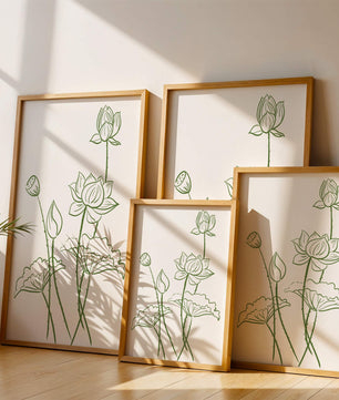 Ilustración de arte de línea verde de flores de loto con capullos
