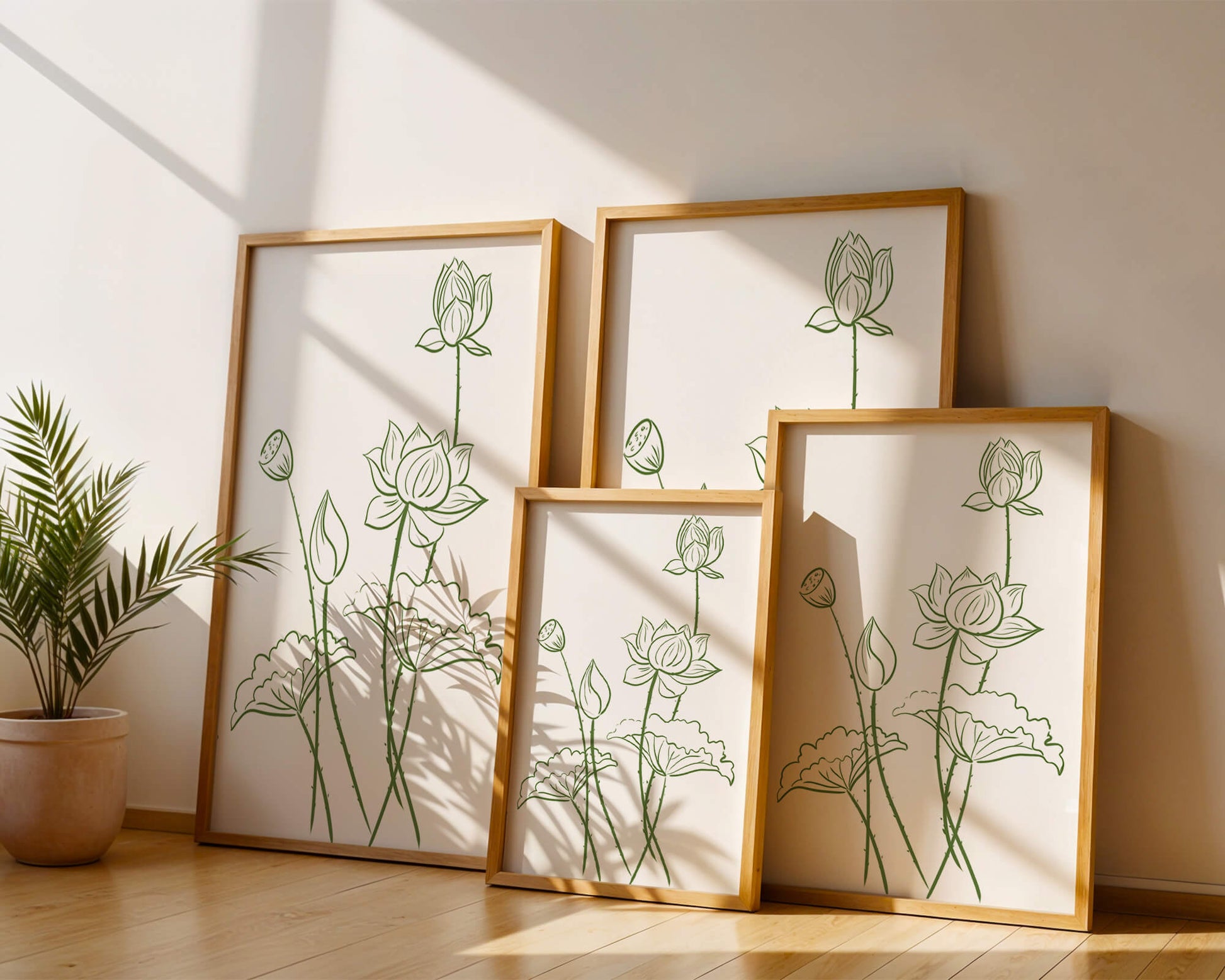 Ilustración de arte lineal verde de flores de loto con capullos