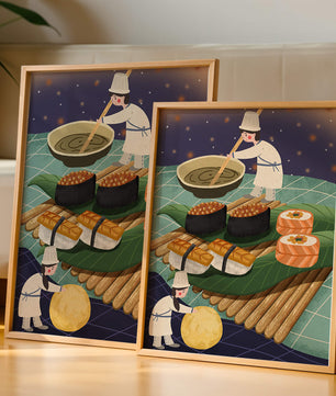 Ilustración juguetona de chefs preparando sushi en un paisaje imaginario