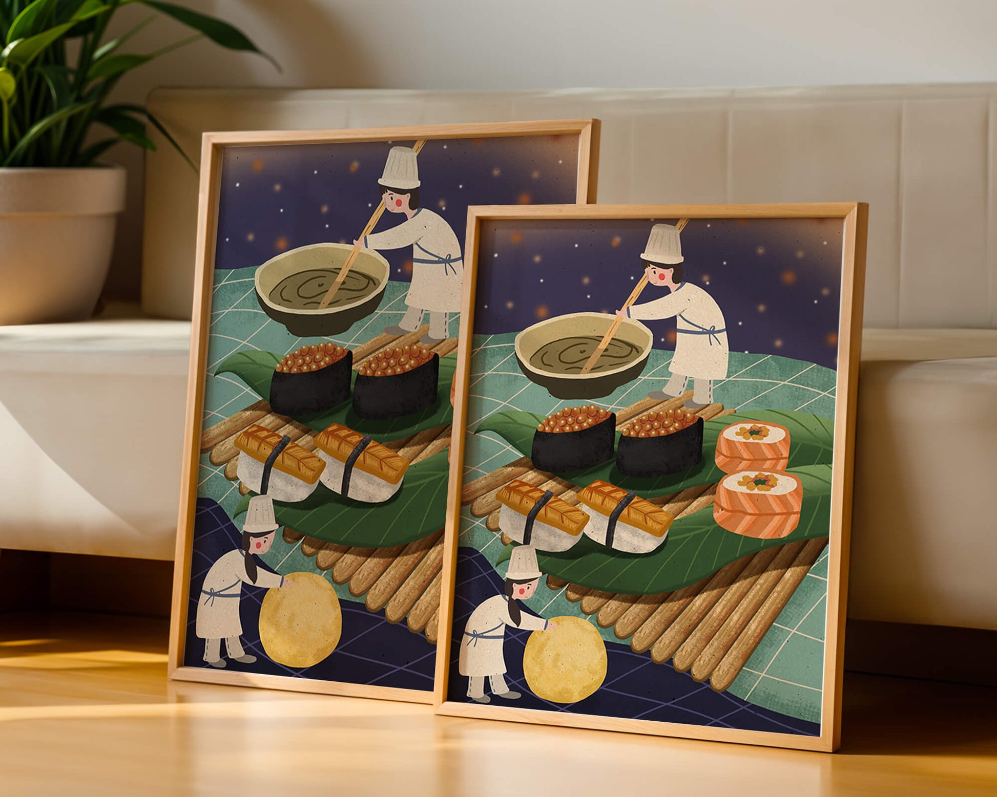 Ilustración juguetona de chefs preparando sushi en un paisaje imaginario
