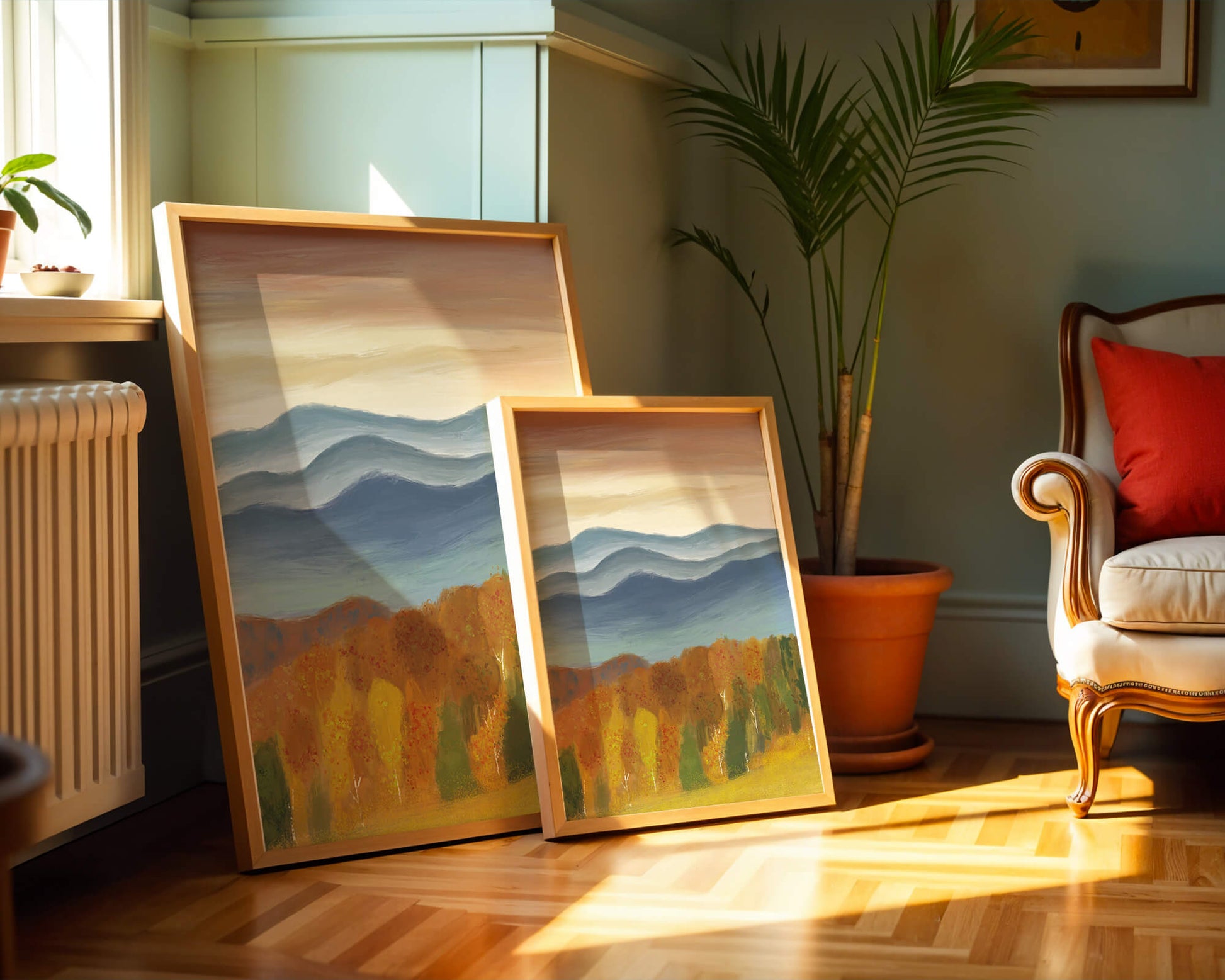 Autumn Mountain Landscape with Vibrant Trees and Colorful Sky