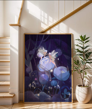 La forêt enchantée avec des fées et des fleurs lumineuses la nuit