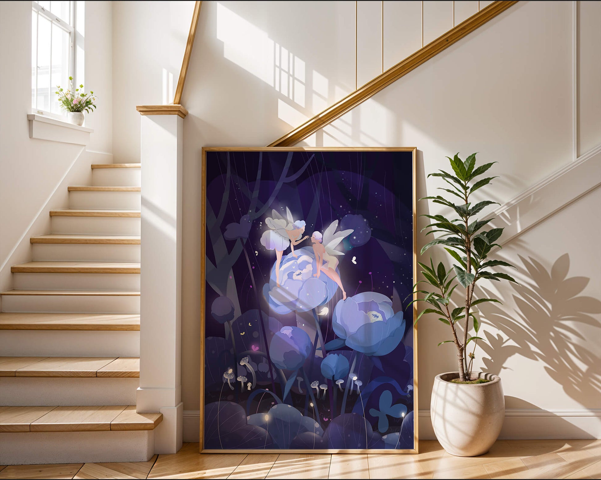 La forêt enchantée avec des fées et des fleurs lumineuses la nuit