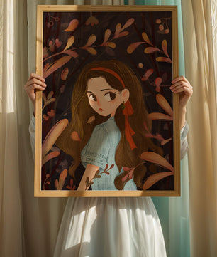 Ilustración elegante de una chica rodeada de follaje abstracto