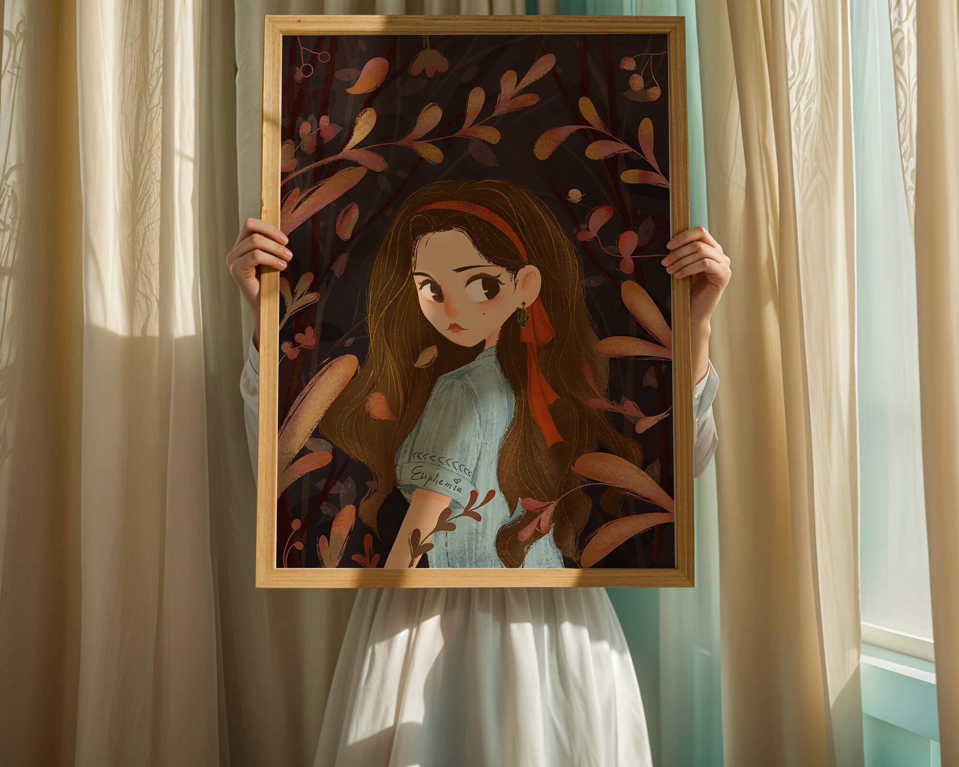 Elegante ilustración de una niña rodeada de follaje abstracto.