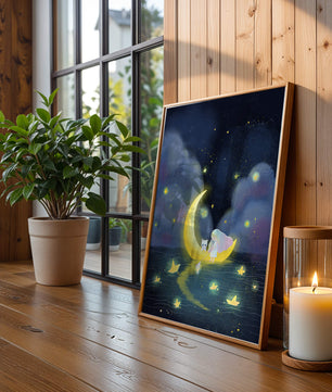 Whimsical night scene with child and cat on crescent moon