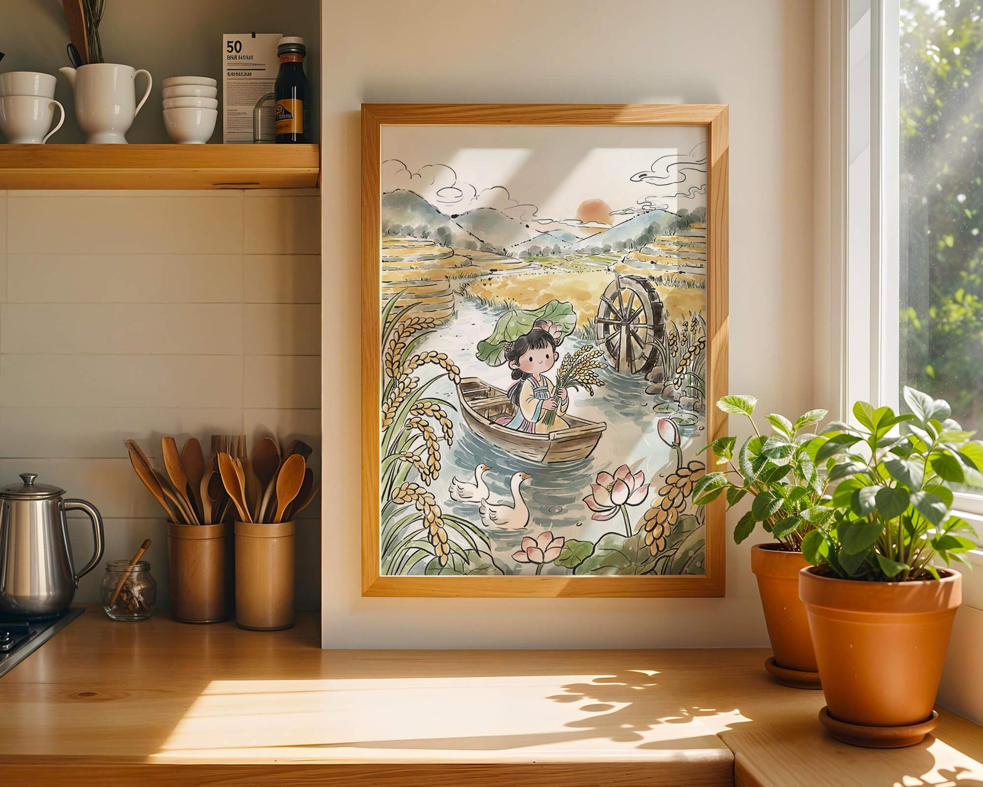 Niña en un bote con campos de arroz y atardecer de fondo