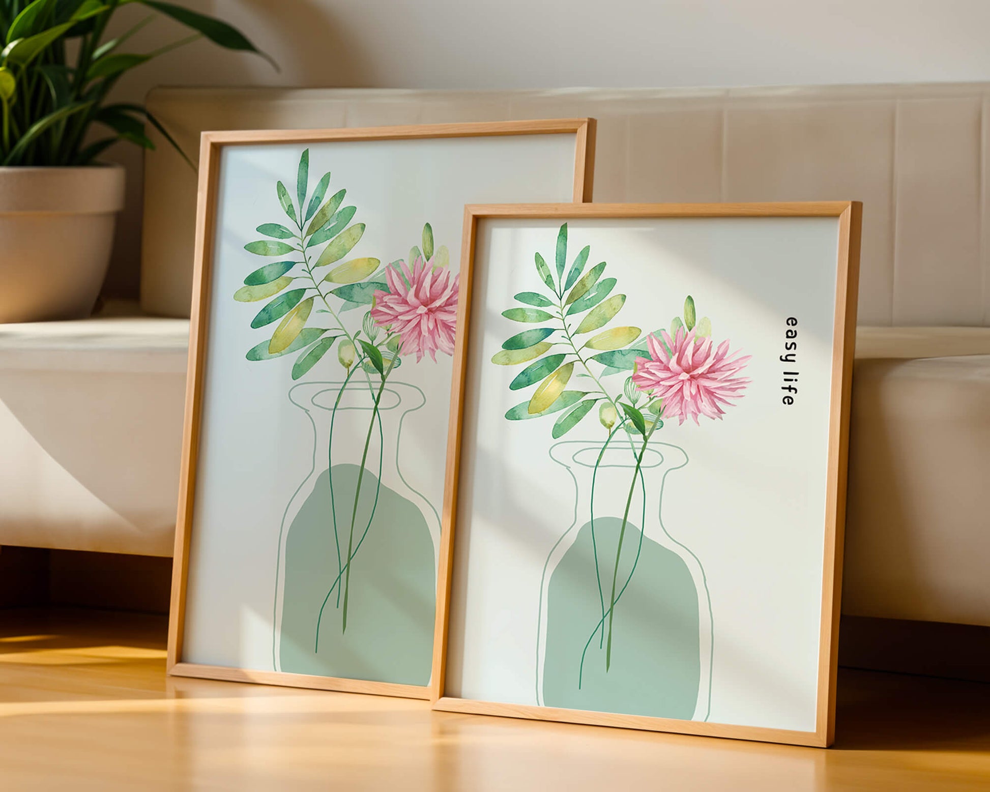 Arreglo floral en acuarela con vegetación en jarrón de vidrio