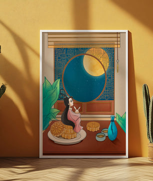 Tranquila escena nocturna con pasteles de luna y una figura mítica
