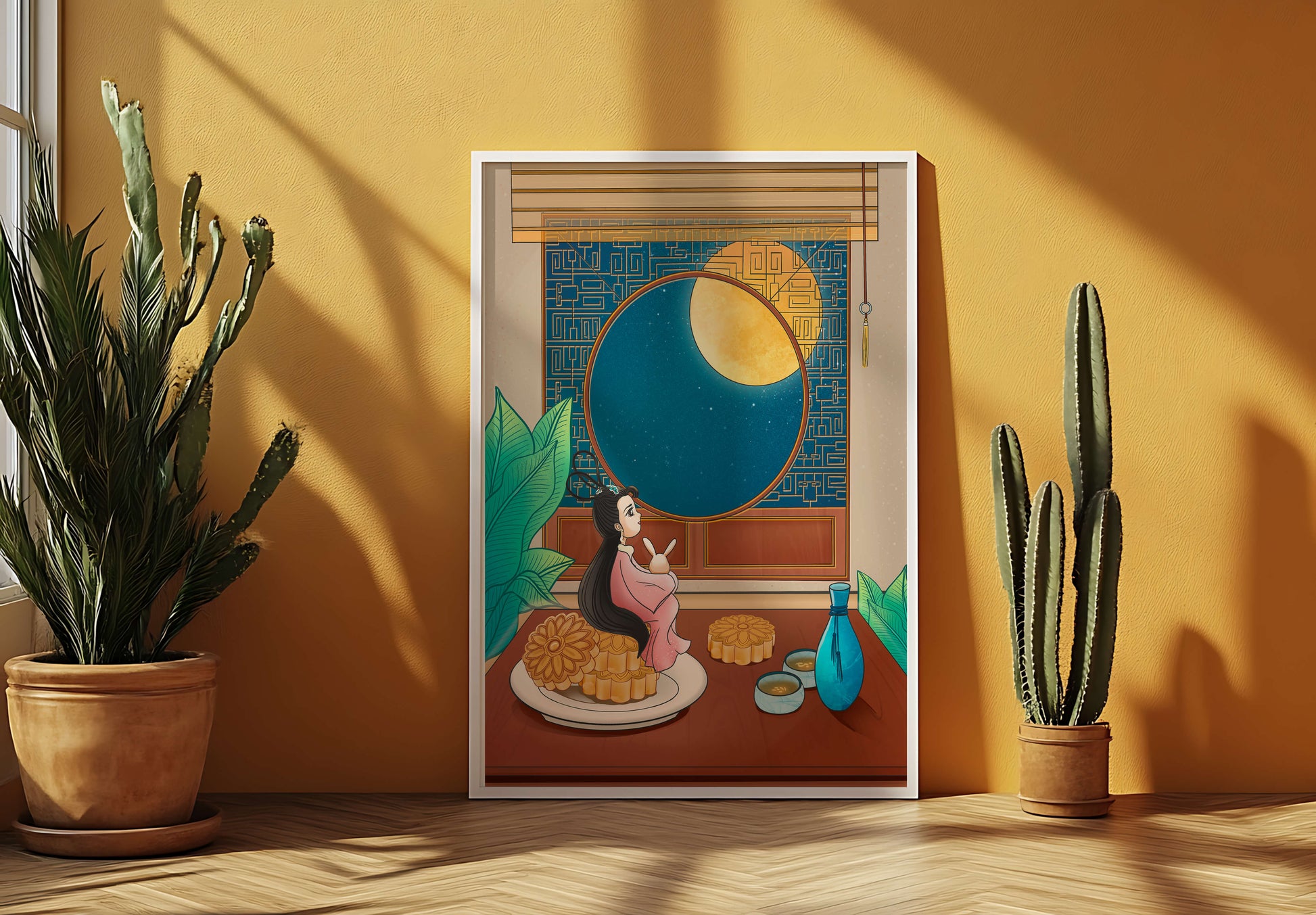 Tranquila escena nocturna con pasteles de luna y una figura mítica