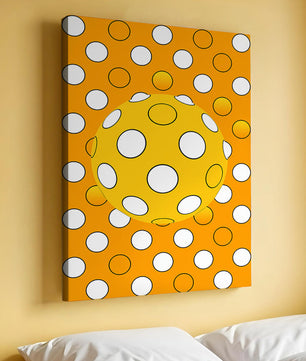 Colorful geometric pattern with white polka dots on orange background