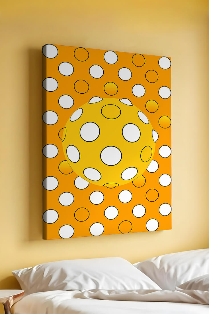 Colorful geometric pattern with white polka dots on orange background