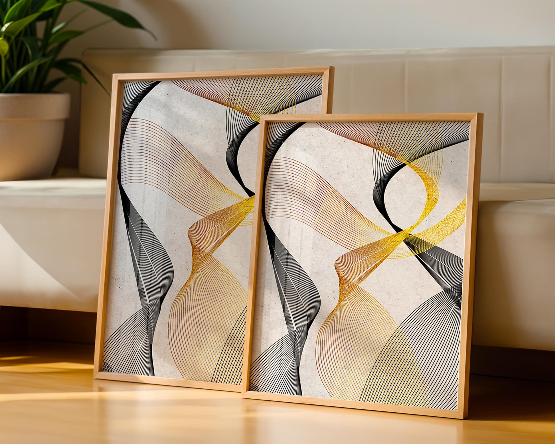 Elegant abstract waves with gold and black lines on textured background