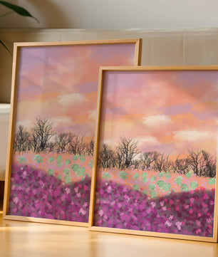 Paisaje sereno con campo floral vibrante y cielo pastel