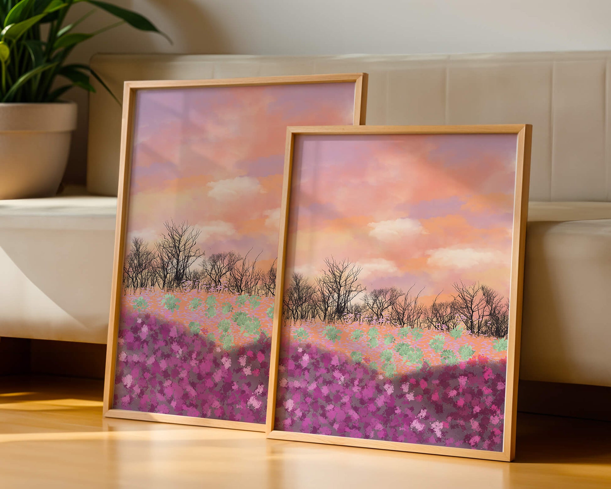 Paisaje sereno con campo floral vibrante y cielo pastel