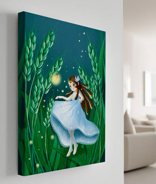 Enchanting fairy in magical wheat field at night