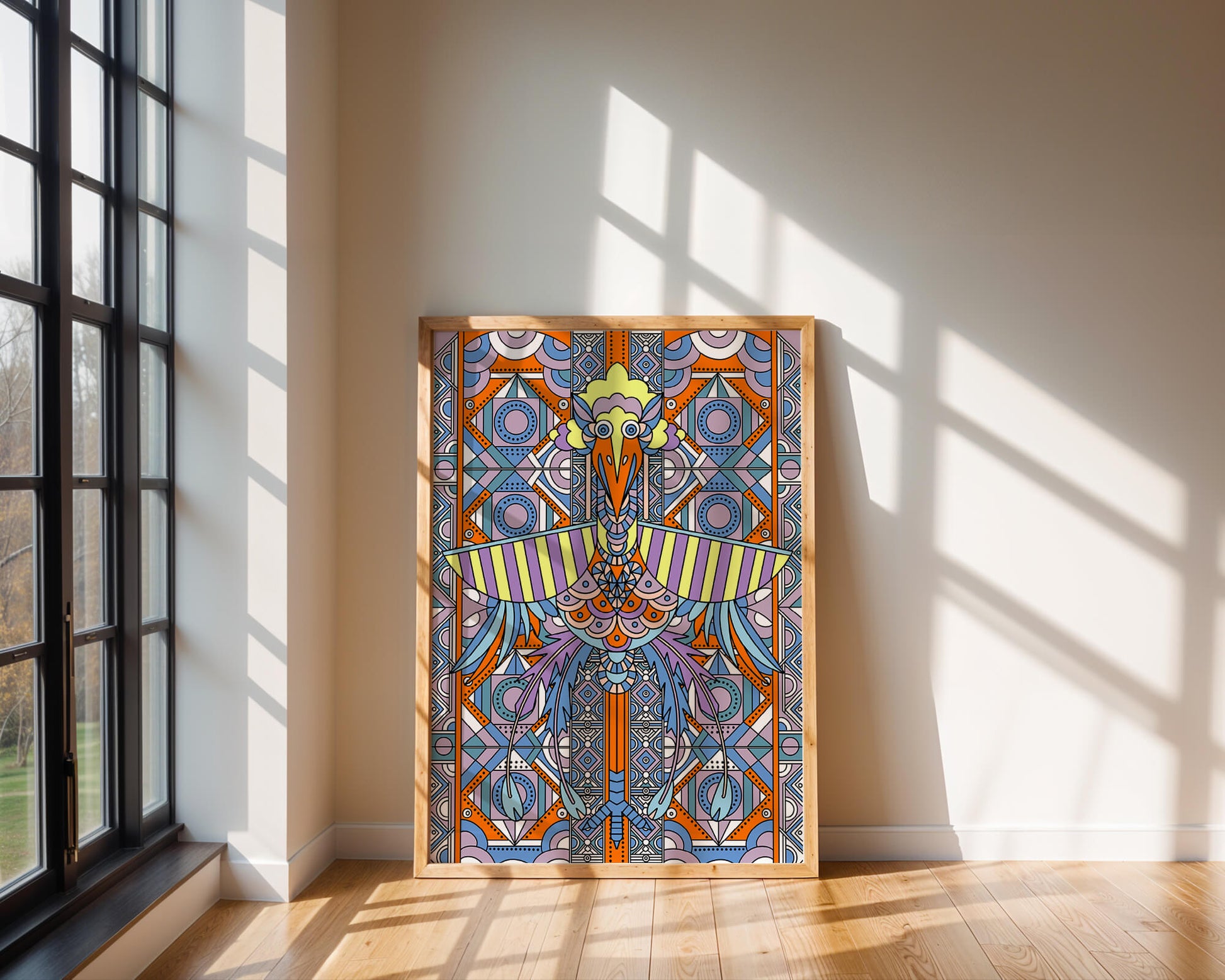Oiseau géométrique coloré avec motifs détaillés