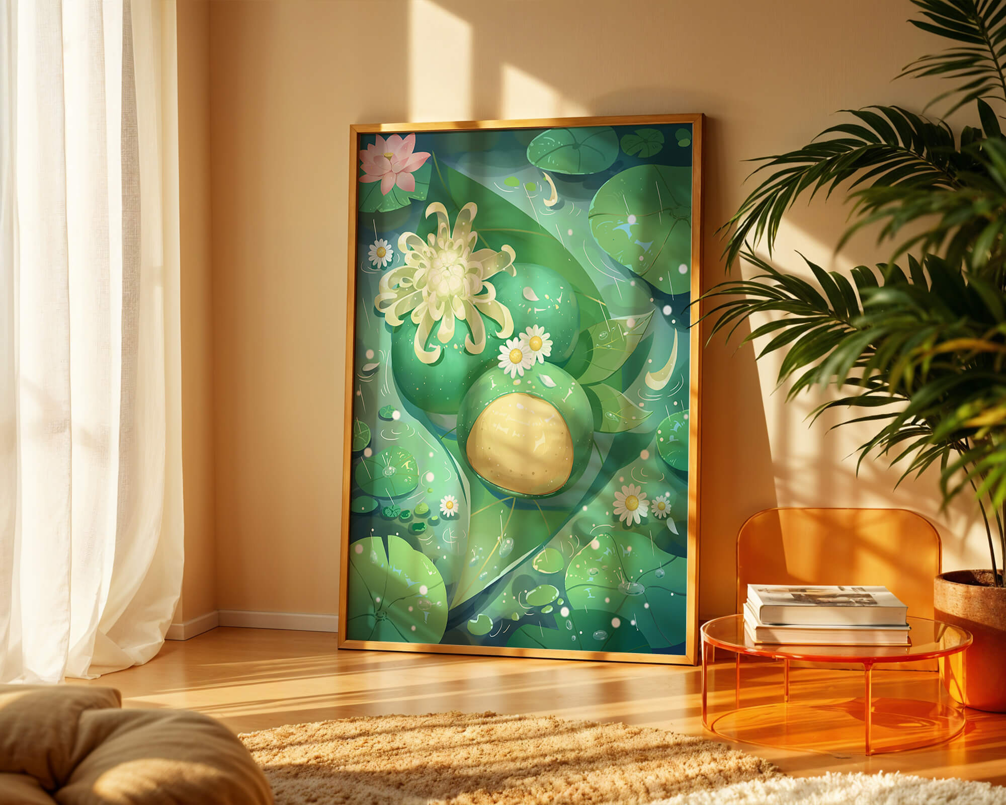 Lush aquatic scene with lotus flowers and green leaves