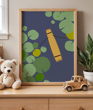 Top view of a yellow canoe among green lily pads on a calm lake