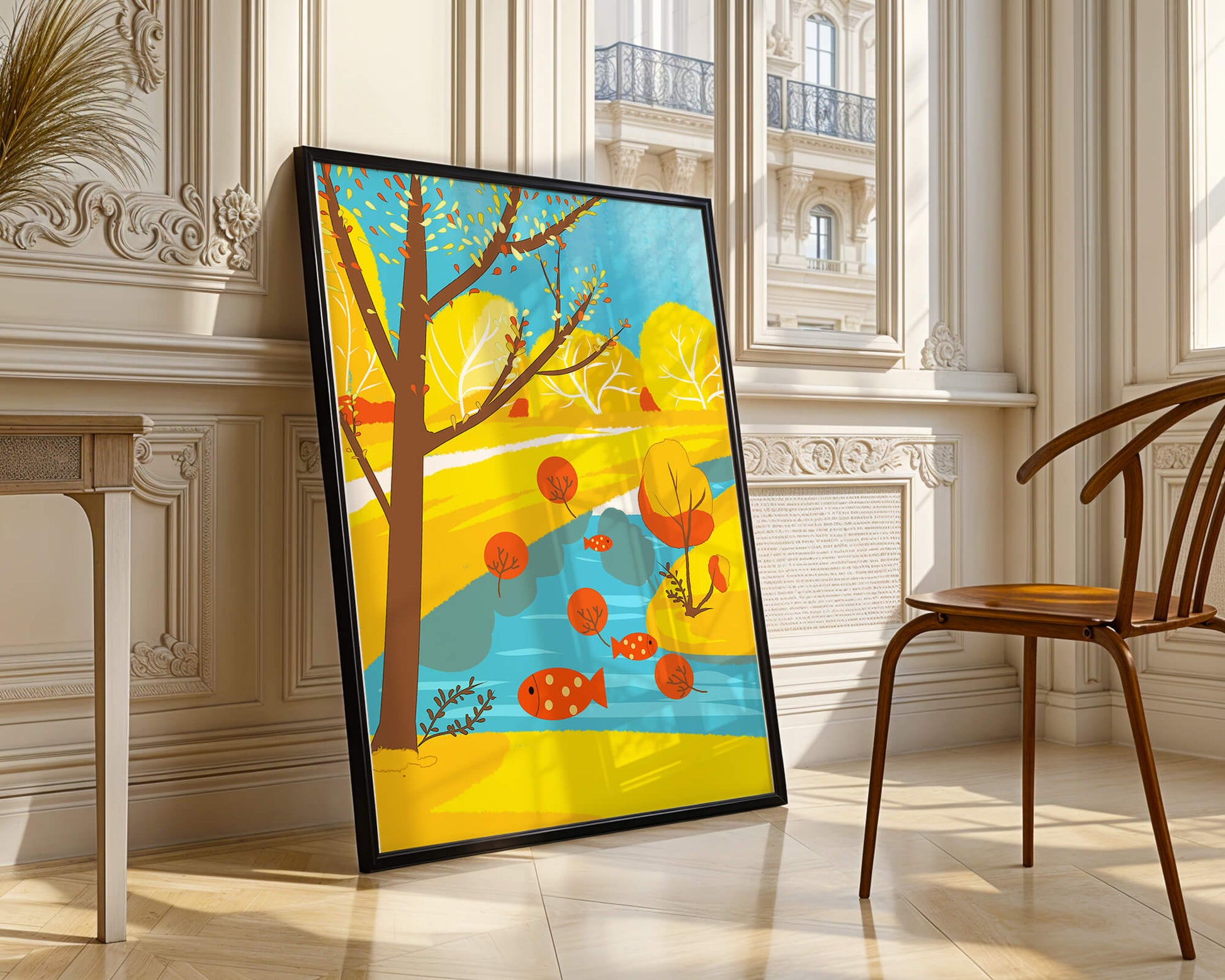 Paysage d'automne coloré avec rivière et arbres vibrants