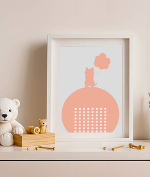 Katzensilhouette mit Ballon auf minimalistischem Kreishintergrund