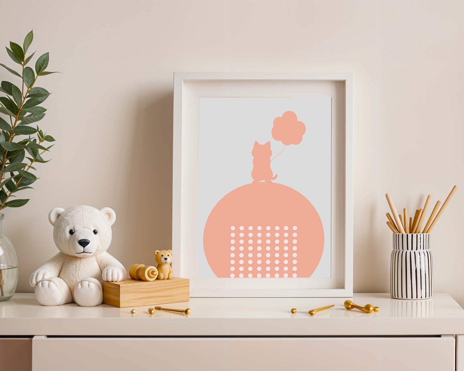 Cat Silhouette with Balloon on Minimalist Circle Background