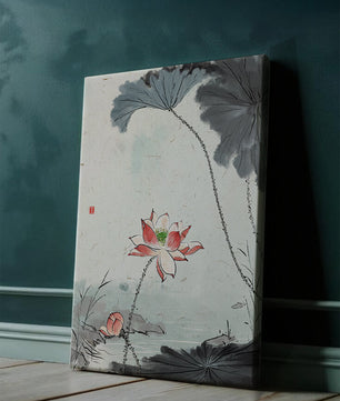 Aquarell Lotusblüte mit Seerosenblättern in ruhiger Szene