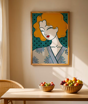 Retrato estilizado de una mujer con cabello naranja y kimono floral