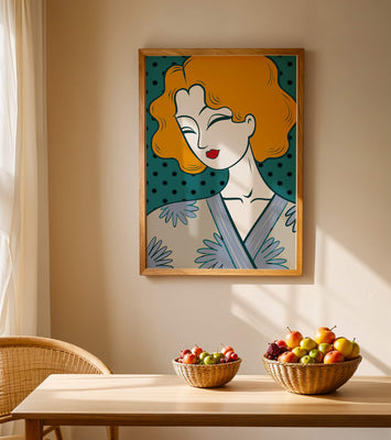 Stylized portrait of a woman with orange hair and floral kimono