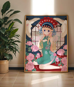 Chica anime elegante con atuendo tradicional y detalles florales y de grulla