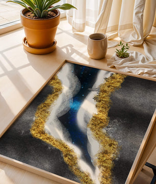 Abstract flowing design with gold, blue, and white textures