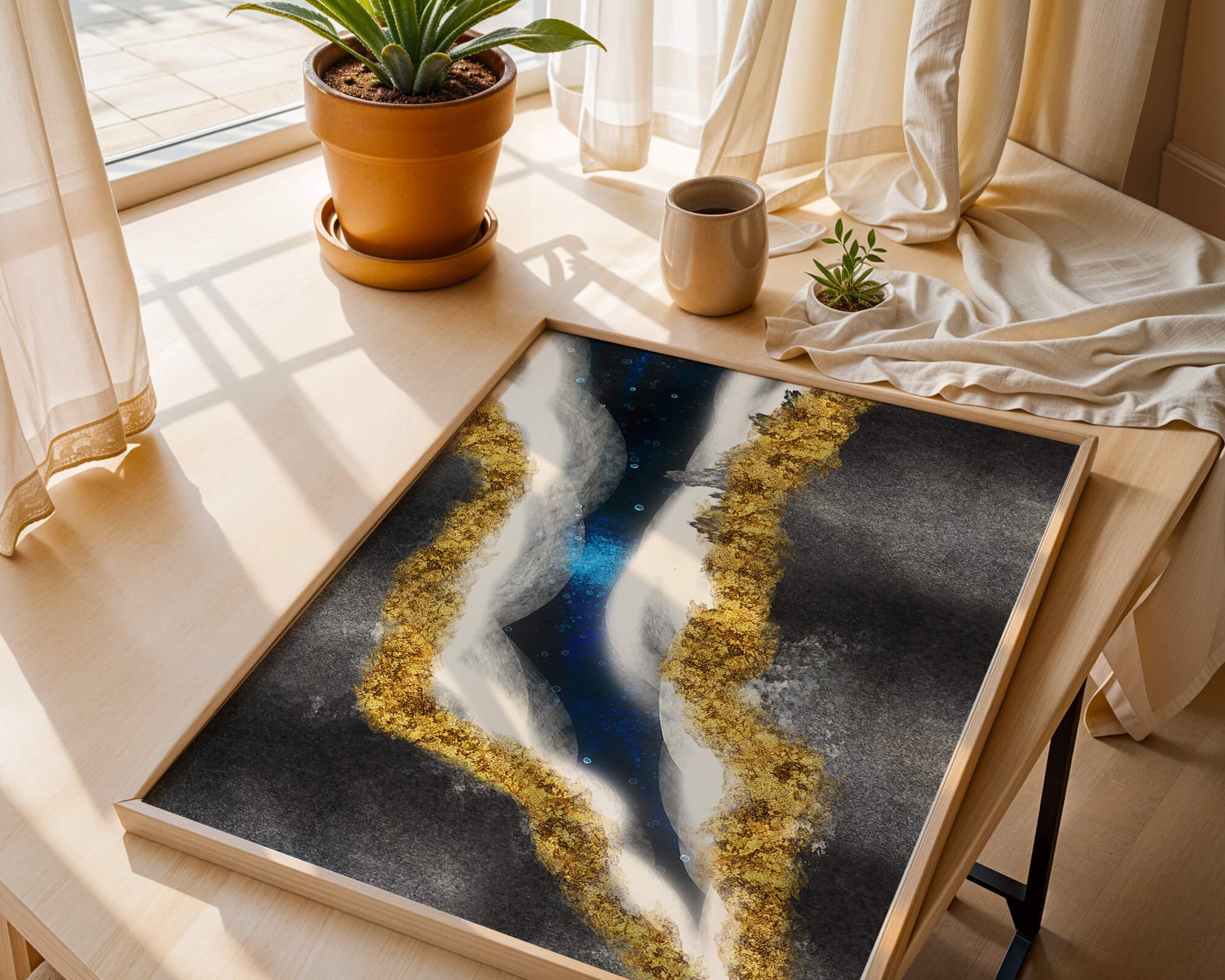 Abstract flowing design with gold, blue, and white textures