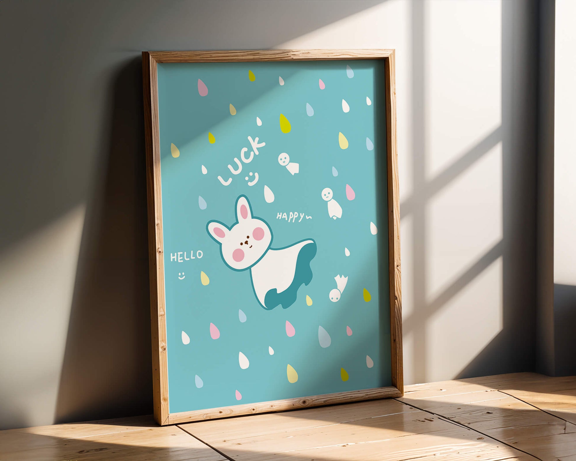 Adorable cartoon bunny with colorful drops on a blue background