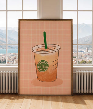 Taza de café helado ilustrada sobre fondo de cuadrícula de melocotón