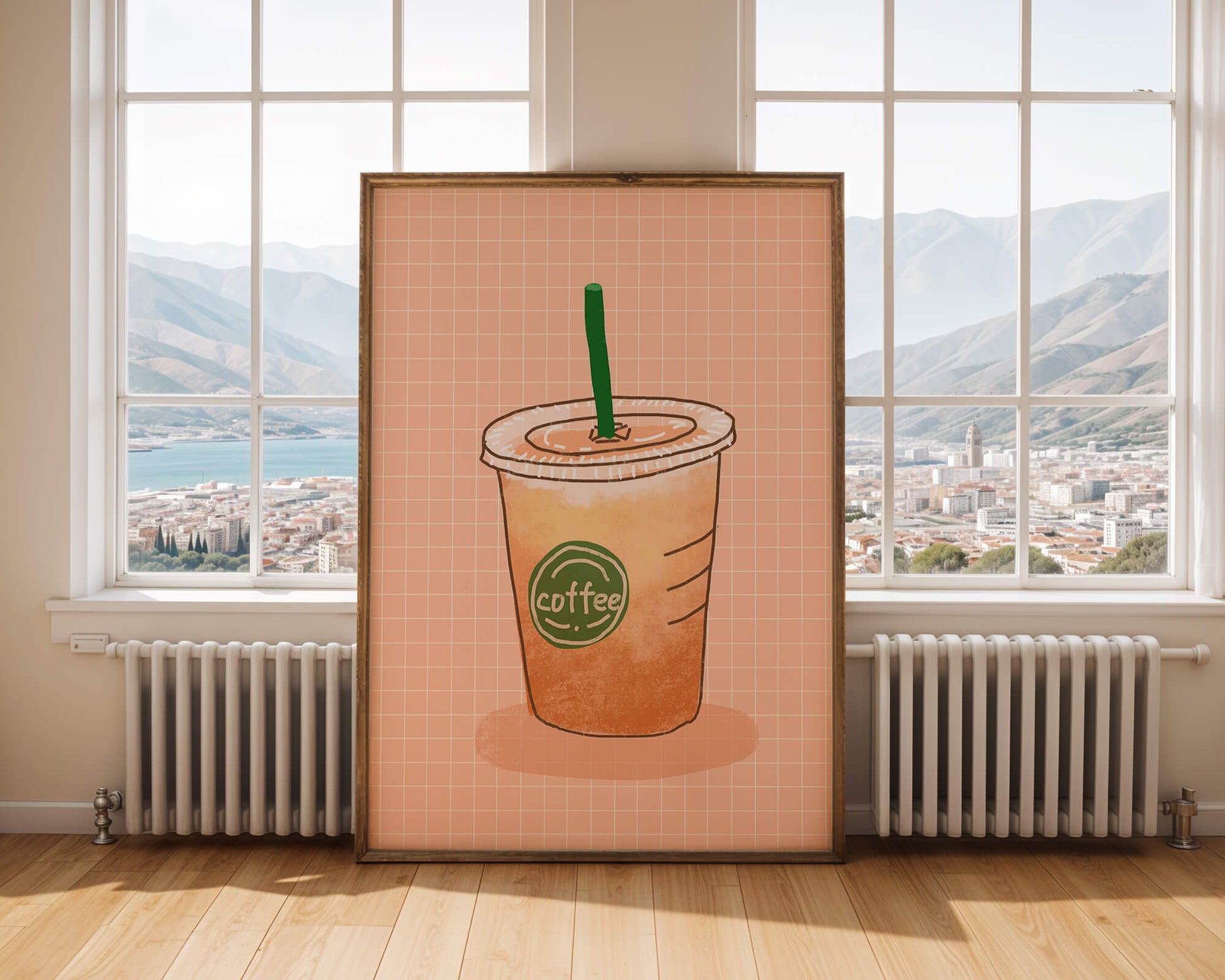 Illustrated iced coffee cup on peach grid background