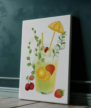 Refreshing summer drink illustration with fruits and greenery