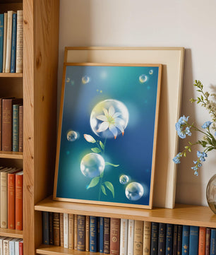 Zarte Blume in transparenten Blasen auf einem verträumten blauen Hintergrund