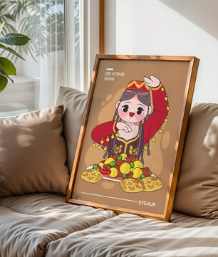 Illustration d’une figure culturelle ouïghoure portant un costume traditionnel et partageant un repas festif