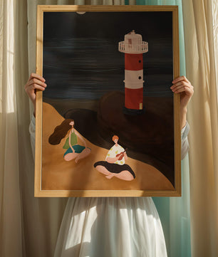 Peaceful Beach Scene with Lighthouse at Night